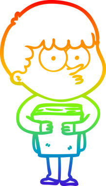 Gökkuşağı gradyanı çizimi. Elinde bir insan tarafından çizilmiş bir kitap tutan meraklı bir çocuk.