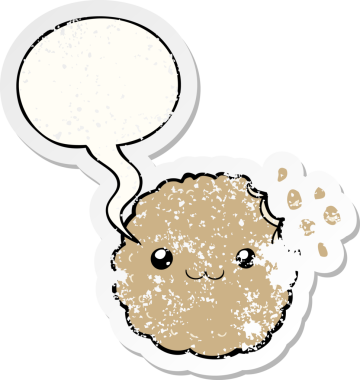 Konuşma balonlu çizgi film bisküvisi bir insan tarafından çizilmiş sıkıntılı eski bir çıkartma