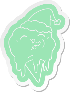 Eriyen bir dondurmanın insan tarafından çizilmiş Noel Baba şapkası ile çizilmiş garip bir çizgi film çıkartması.