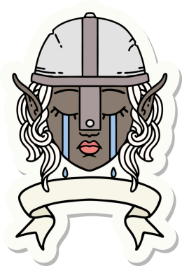 Ağlayan bir elf savaşçısı karakterinin çıkartması. İnsan tarafından çizilmiş bir pankartıyla.