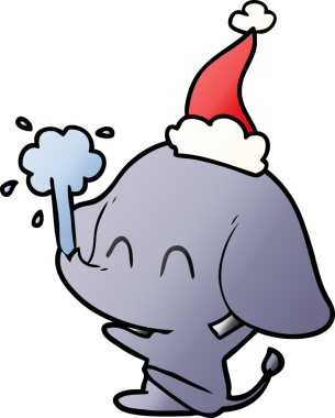 Bir insanın çizdiği Noel Baba şapkasıyla su püskürten bir filin gradyan çizimi.