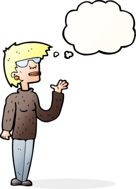 Bir insan tarafından çizilmiş düşünce balonlu gözlük takan çizgi film kadını.