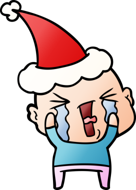 Ağlayan, kel, Noel Baba şapkası takan bir adamın insan tarafından çizilmiş el çizimi karikatürü.