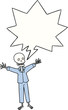 Bir insan tarafından çizilmiş konuşma baloncuklu pijama giyen bir iskelet.