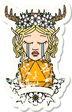 Retro Dövme Tarzı Üzgün Elf Karakteri Yüzü Doğal bir D20 ruloyla Bir insan tarafından çizilmiş