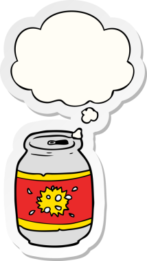 İnsan tarafından çizilmiş bir çıkartma olarak düşünce baloncuğu olan karikatür soda kutusu.