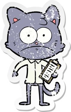 Bir insan tarafından çizilmiş panosu olan çizgi film kedisinin sıkıntılı çıkartması.