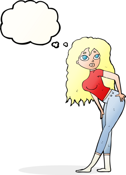 Bir insan tarafından çizilen düşünce baloncuğuna şaşırmış gibi görünen çekici bir kadın.