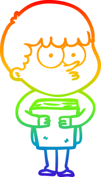 Gökkuşağı gradyanı çizimi. Elinde bir insan tarafından çizilmiş bir kitap tutan meraklı bir çocuk.