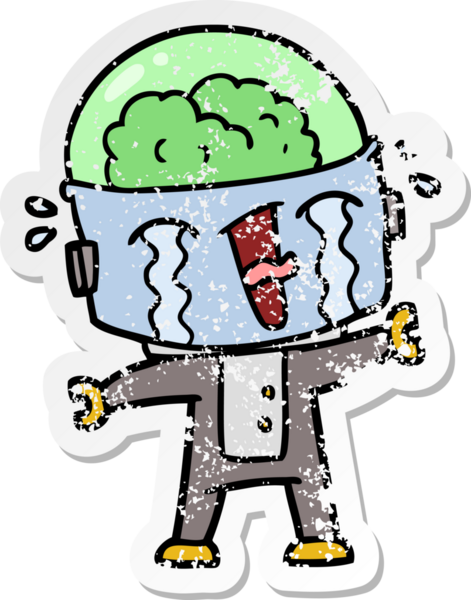 Bir insan tarafından çizilmiş, karikatür ağlayan robot çıkartması.