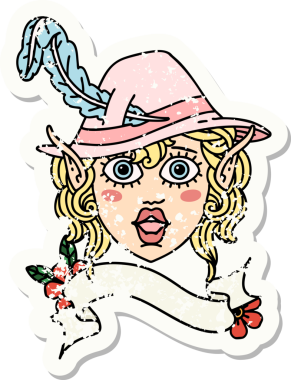 Bir insan tarafından çizilmiş bir elf şair karakterinin grunge çıkartması.