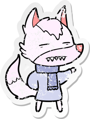 Bir insan tarafından çizilmiş kışlık giysili bir kurt çizgi film çıkartması.