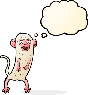 Bir insan tarafından çizilmiş düşünce balonlu çılgın maymun çizgi filmi.