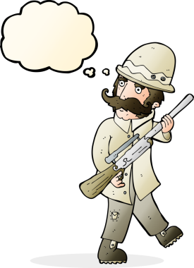 Bir insan tarafından çizilmiş düşünce baloncuğu olan büyük oyun avcısı çizgi filmi.