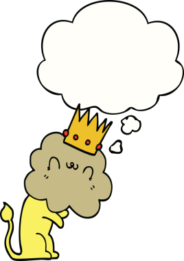 Bir insan tarafından çizilmiş düşünce baloncuklu taç takmış çizgi film aslanı.