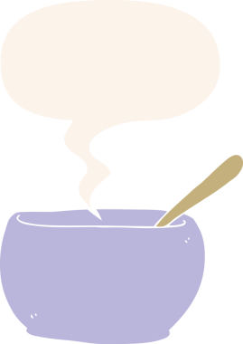 Bir insan tarafından çizilmiş, konuşma baloncuklu bir çorba kasesi.