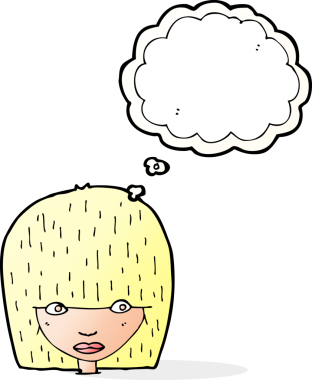 Bir insan tarafından çizilmiş düşünce baloncuğuyla dik dik bakan kadın yüzü.