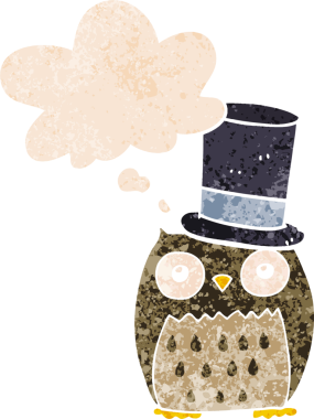 Düşünce baloncuklu silindir şapkalı bir baykuş grunge 'da sıkıntılı eski moda bir insan tarafından çizilmiş.