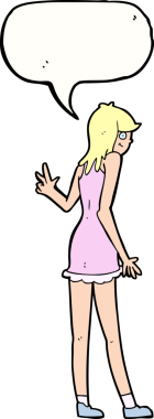 Bir insan tarafından çizilmiş bir konuşma balonuyla el sallayan çizgi film kadını.