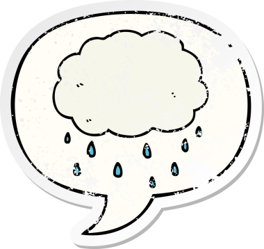 Konuşma baloncuğu olan karikatür yağmur bulutu bir insan tarafından çizilmiş sıkıntılı eski bir çıkartma