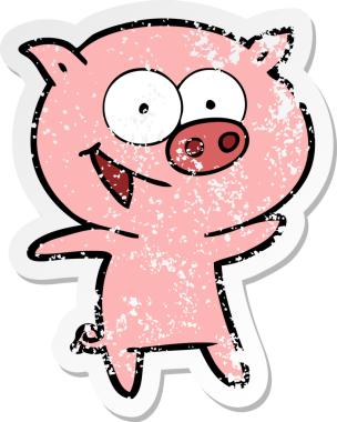 Bir insan tarafından çizilmiş neşeli bir domuz çizgi filminin hüzünlü çıkartması.