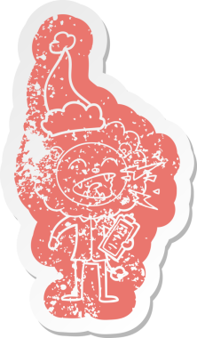 Bir insan tarafından çizilmiş Noel Baba şapkası giyen kükreyen bir aslan doktorun garip bir karikatürü.