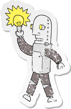 Bir insan tarafından çizilmiş ampullü bir robot çizgi film çıkartması.