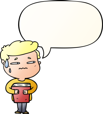 Çizgi filmlerdeki endişeli çocuk konuşma baloncuğu taşıyan bir insan tarafından çizilmiş düzgün eğimli bir kitap taşıyor.