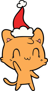 Bir insan tarafından çizilmiş mutlu bir kedinin çizilmiş Noel Baba şapkası.