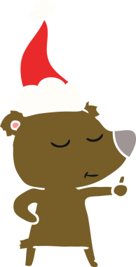 Mutlu el çizimi düz renk çizimi. Bir insan tarafından çizilmiş Noel Baba şapkası takan bir ayı.