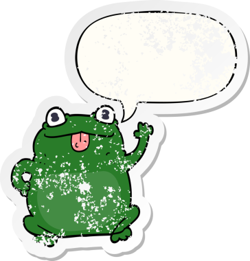 Konuşma baloncuğu olan karikatür kurbağası bir insan tarafından çizilmiş sıkıntılı eski bir çıkartma