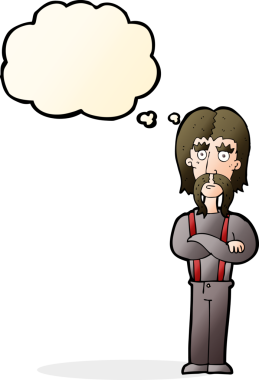 Bir insan tarafından çizilmiş düşünce balonlu kolları katlanmış uzun bıyıklı çizgi film adamı.