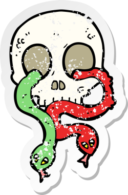 Bir insan tarafından çizilmiş yılanlı karikatür kafatası etiketi.