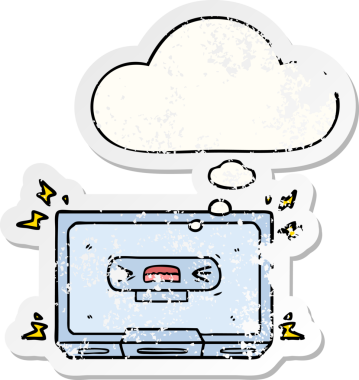 Düşünce baloncuklu eski bir kaset. Üzüntülü bir çıkartma. Bir insan tarafından çizilmiş.