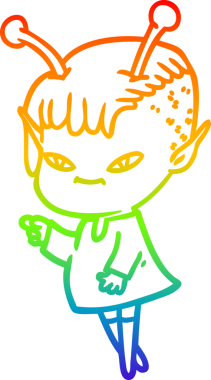 Gökkuşağı gradyan çizgisi bir insan tarafından çizilmiş şirin bir uzaylı kızın çizimi.