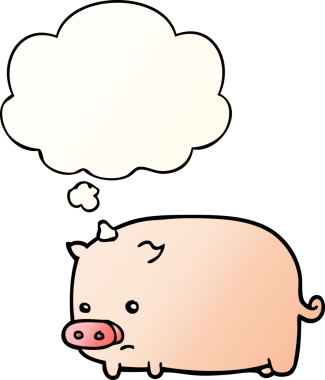 Düşünce baloncuğu olan sevimli çizgi film domuzu bir insan tarafından çizilmiş.