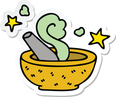 Bir insan tarafından çizilmiş garip bir el çıkartması, sihirli tokmak ve havan topu.