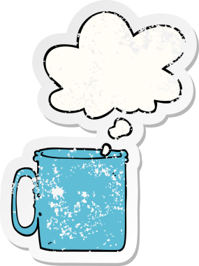 Düşünce baloncuklu bir kahve fincanı insan tarafından çizilmiş yıpranmış bir çıkartma gibi.