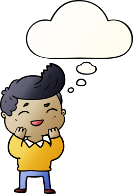 Çizgi filmci, bir insan tarafından çizilmiş yumuşak eğimli düşünce baloncuğuyla gülüyor.