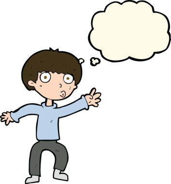 Çizgi filmci çocuk, bir insan tarafından çizilmiş düşünce balonuyla uyarı sallıyor.