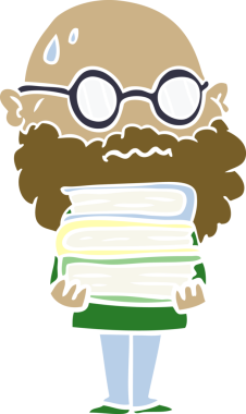 Düz renkli çizgi film, sakallı ve bir insan tarafından çizilmiş bir yığın kitabı olan endişeli bir adam.