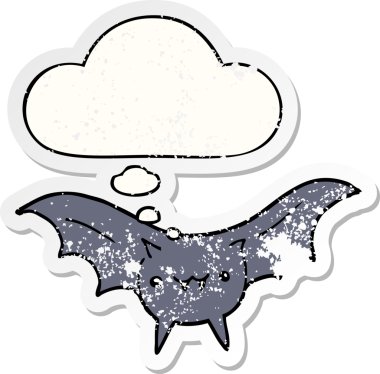 Düşünce baloncuklu karikatür yarasası bir insan tarafından çizilmiş yıpranmış bir çıkartma.