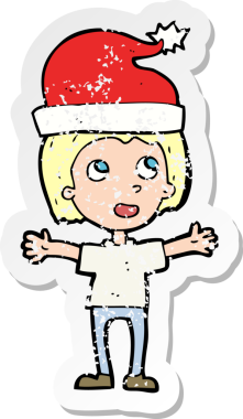 Bir insan tarafından çizilmiş noel şapkalı bir çizgi film çocuğunun gerilimli çıkartması.