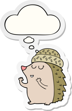 Düşünce baloncuklu şapka takan kirpi çizgi film karakteri bir insan tarafından çizilmiş çıkartma.