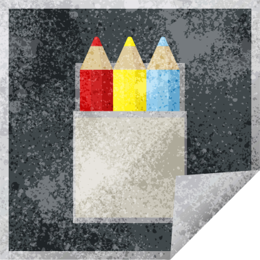 Bir insan tarafından çizilmiş renkli kalem paketi grafik vektör illüstrasyon kare etiketi