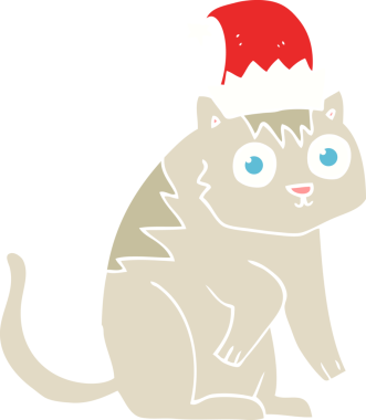 Bir insan tarafından çizilmiş Noel şapkası takan kedinin düz renk çizimi