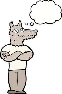 Bir insan tarafından çizilmiş düşünce baloncuğu olan bir kurt adam.