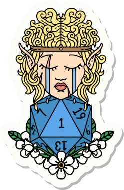 Ağlayan elf barbar karakterinin çıkartması. Bir insan tarafından çizilmiş doğal bir D20 rulo.