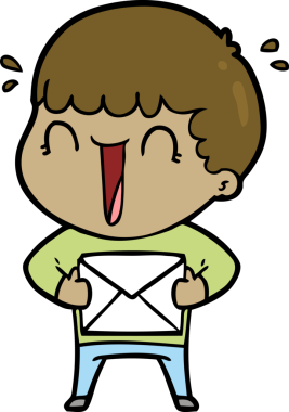 Bir insan tarafından çizilmiş bir mektupla gülen çizgi film adamı.