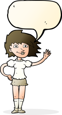 Bir insan tarafından çizilmiş bir konuşma balonuyla el sallayan çizgi film kadını.